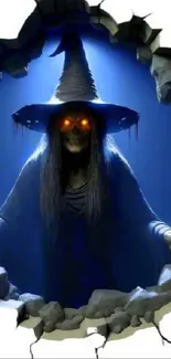 Mystical witch with glowing eyes in blue light on cracked wall.