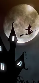 Witch flying over moon with haunted house in background.