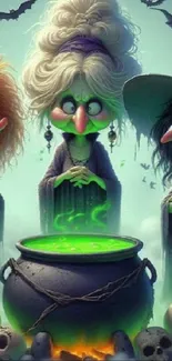 Three cartoon witches brew a glowing green potion in a cauldron.