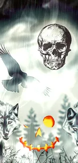 Spooky mobile wallpaper with skull, wolves, birds, and pumpkin design.