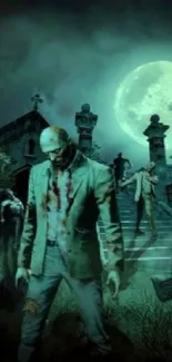 Zombie scene in graveyard under full moon wallpaper.