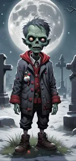 Zombie in moonlit graveyard with eerie atmosphere.