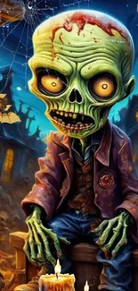 Colorful cartoon zombie in a spooky setting.