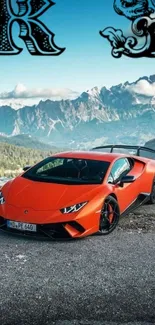 Orange sports car on mountain road with scenic background.