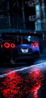 Sleek sports car at night with glowing red lights in rainy city.