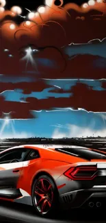 Stylish sports car under dramatic sunset sky with vibrant colors.