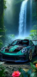 Green sports car in lush jungle with a waterfall background.