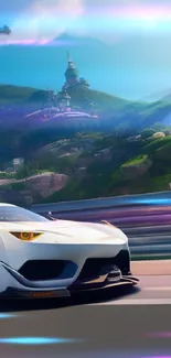 Dynamic sports car on a scenic mountain road with vibrant skies and greenery.