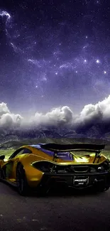 Sleek sports car under a vivid starry night sky.