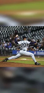 Baseball pitcher in action on the field, captured mid-pitch during a game.