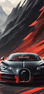 Sportscar against mountain backdrop with dynamic red accents.