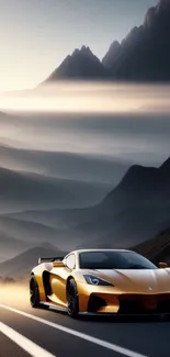 Sportscar driving through scenic mountain roads at sunset.