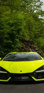 Neon-green sportscar on a scenic road amidst lush greenery.
