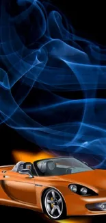 Orange sportscar with vibrant blue smoke on a dark background.