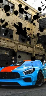 Blue sports car with black splashes in an urban setting wallpaper.