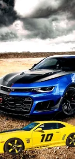 Blue and yellow Camaros on rocky terrain with cloudy sky background.