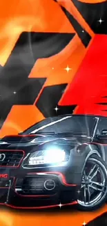 Black sports car with orange and red graphic background.