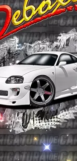 White sports car with urban art background on wallpaper design.