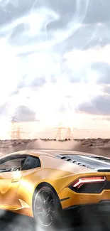 Yellow sports car racing through a smoky desert landscape.