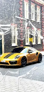 Yellow sports car on urban street with shattered glass effect.