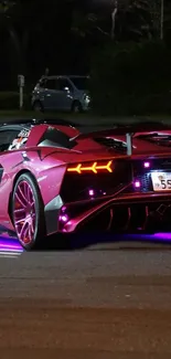 Sport car with neon lights on night street.