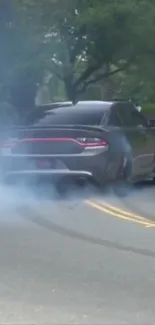 Sports car drifting on scenic road with tire smoke.