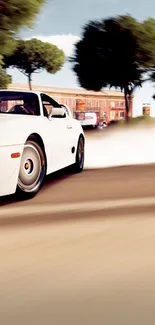 High-speed car drift on street with motion blur and dynamic background.