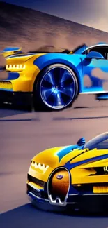 Vibrant sports car in yellow and blue speeding on a road.