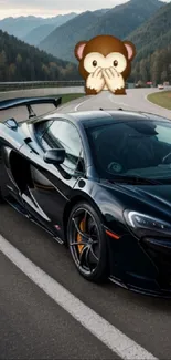 Sleek black sports car with humorous emoji on a scenic roadway.