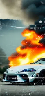 White sports car with fire in background on mobile wallpaper.