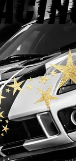 Sports car with gold stars on sleek black background.