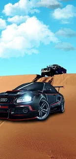 Sport cars racing on desert dunes under blue sky.