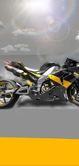 Black and yellow motorcycle with sun flares and clouds background.