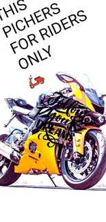 Yellow sports motorcycle with bold text on a scenic background.