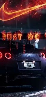 Sleek sports car in rainy neon night with 'Just Do It' theme.