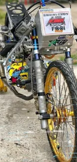 A vibrant racing bike with yellow accents on display.