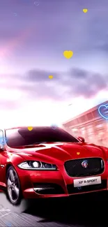 Sleek red sports car with heart icons in a dynamic wallpaper design.