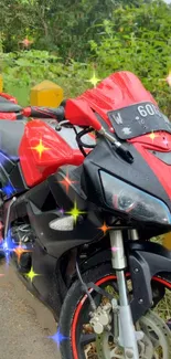 Red motorcycle on a forest road with sparkling highlights captured in vibrant detail.