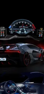 Supercar dashboard with red accents and sleek car design.