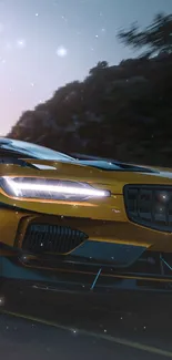 Yellow sports car driving at dusk with headlights on.