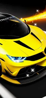 Yellow sports car with blue headlights and fiery design on a sleek black background.