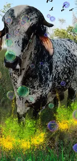 Spotted bull with colorful abstract enhancements in a natural setting.