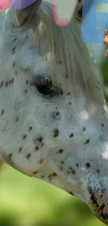 Close-up of a spotted horse with shadows.