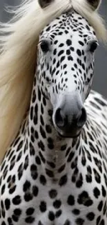 Close-up of a spotted horse with flowing mane.
