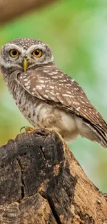 Spotted owl perched on a tree branch with green background.