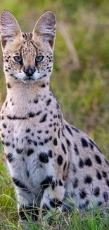 Majestic spotted wildcat sitting in grassy savannah, perfect for phone wallpaper.