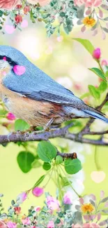 Vibrant wallpaper with bird on blossom-filled branch and floral frame.