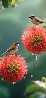 Birds perched on vibrant red flowers with green background.