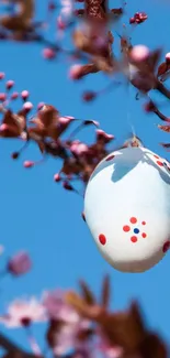 Easter egg hangs among spring blossoms on a clear blue sky background.