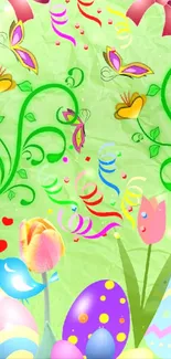 Vibrant spring wallpaper with flowers and butterflies on a green background.